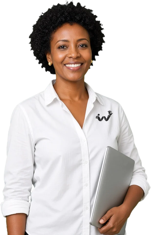 A smiling mother holding her laptop